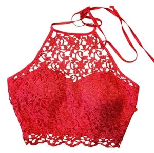Red Lace Satin Halter Crop Top Women's 1 Sexy Romantic Party Elevated Casual